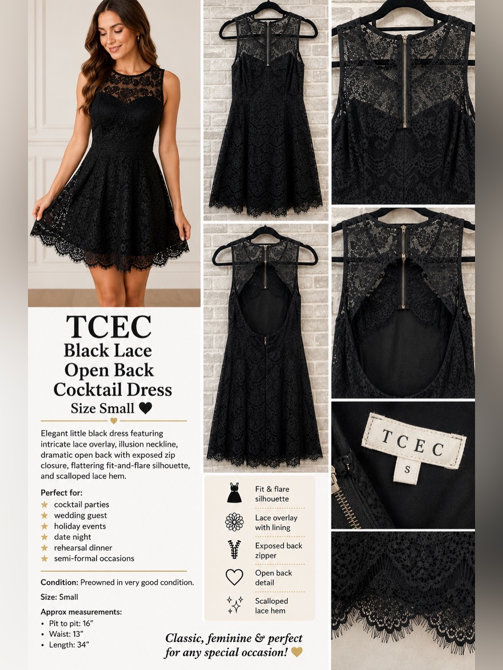 TCEC Black Lace Open Back Cocktail Dress Small Fit Flare Party Dress